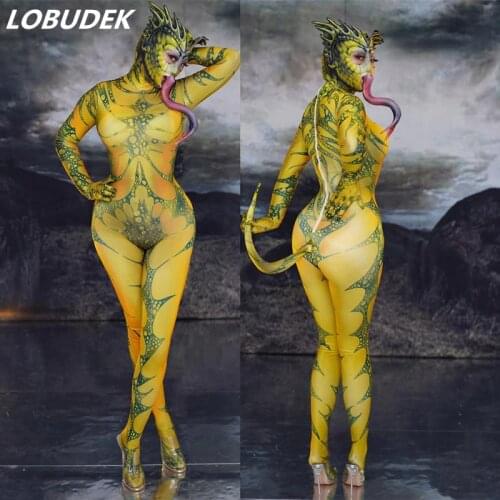 Halloween Animal Cosplay Costume Lady Nightclub Role Playing Costume Lizard Pattern Printing Jumpsuit Club Party Show Jumpsuits