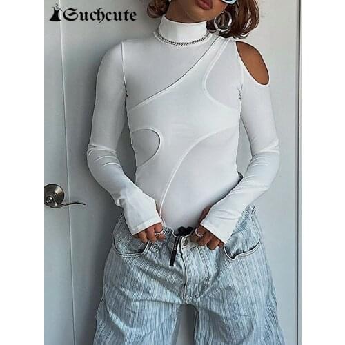 SUCHCUTE Hollow Out Turtleneck Women Bodysuits Patchwork Long Sleeve White Knitwear Rompers Casual Streetwear Jumpsuit Autumn