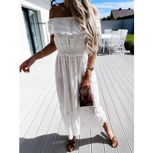 White Maxi Party Dress for Women 2021 Summer Off The Shoulder Sexy Lace Dresses Woman Bohemian Asymmetrical Short Sleeves Dress