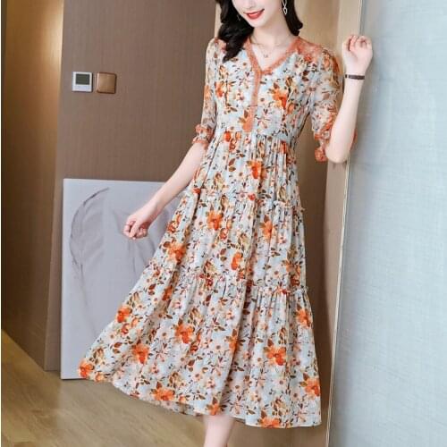 Summer Floral Mulberry Silk Maxi Dress Women Casual Vintage 3XL Plus Size Print Beach Dresses 2021 Elegant Bodycon Party Vestido