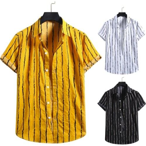 2021 Summer Casual Man T Shirts Fashion Cotton Linen Stripe Print Short Sleeve Casual T Shirts Lapel Shirt Camisa Masculina
