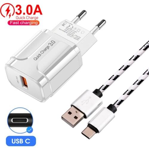 QC3.0 Quick Charge Adapter EU wall Charger USB Type C Cable For HTC LG Huawei Samsung Xiaomi Redmi Note 10 9 7 Pro Mobile Phone