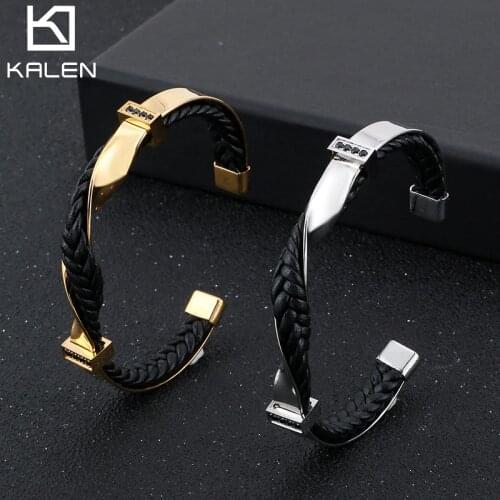 Kalen Mens Stainless Steel Leather Zircon Fashion Bracelet Twisted Surface Shape Accessories