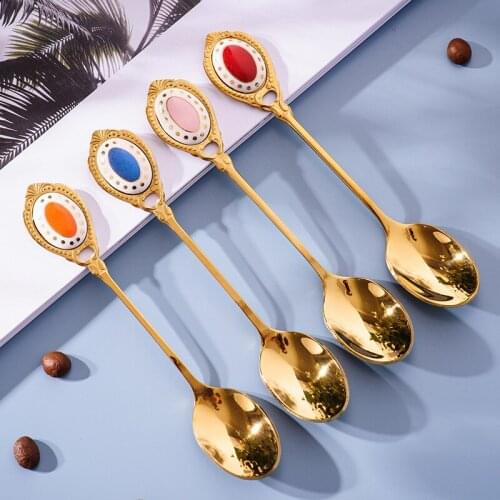 British court gold coffee spoon stainless steel ceramic handle stir spoon dessert spoon afternoon tea black tea spoon