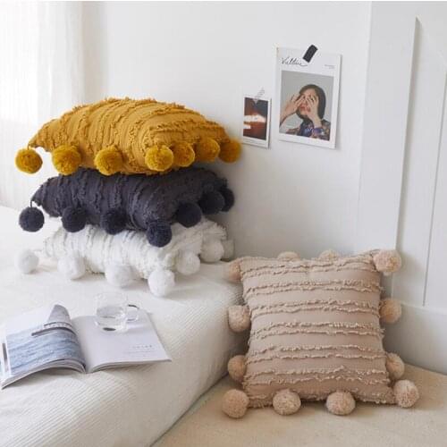 INS Solid Cushion Cover Floral Tassels Square Pillow case White Yellow Grey Pillow Cover 45x45cm Home Decoration Sofa 18" Pompom