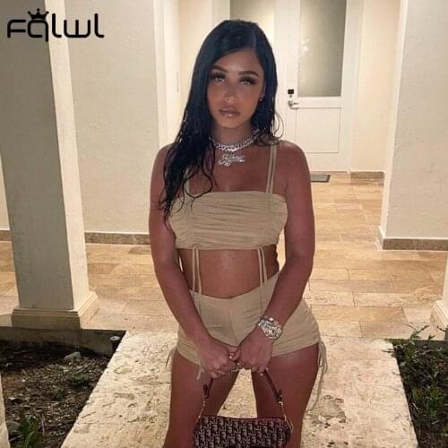 FQLWL Summer Casual Ruched Bodycon 2 Two Piece Sets Women Outfits Cami Strap Backless Crop Top Drawstring Biker Shorts Sets 2021
