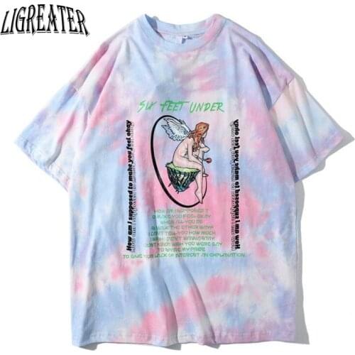 2021 New Cotton T-shirt Tie Dye Gradient Angel Printed Tshirt Short Sleeve Hip Hop T-shirt Loose Lazy Harajuku T-shirt INS Tops