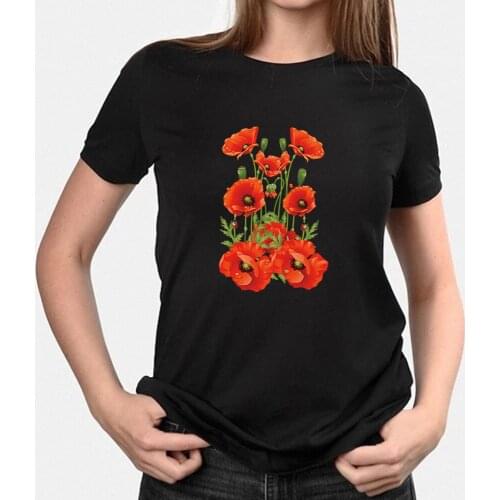 Red Poppy Women T Shirt Oversized Casual Ropa Korean Style Simple Fashion Floral Short Sleeve Summer Top Hipster Female Harajuku
