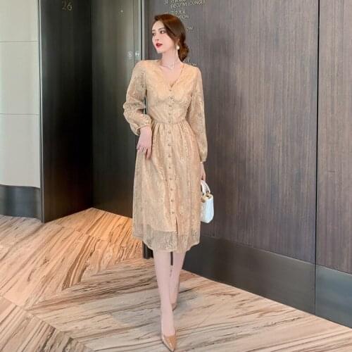 2020 Autumn Winter Fashion Clothe Korean Style Corset Long Sleeve Singer Button Loose Elegant Sweet Cute Pink Lace Dresses Women