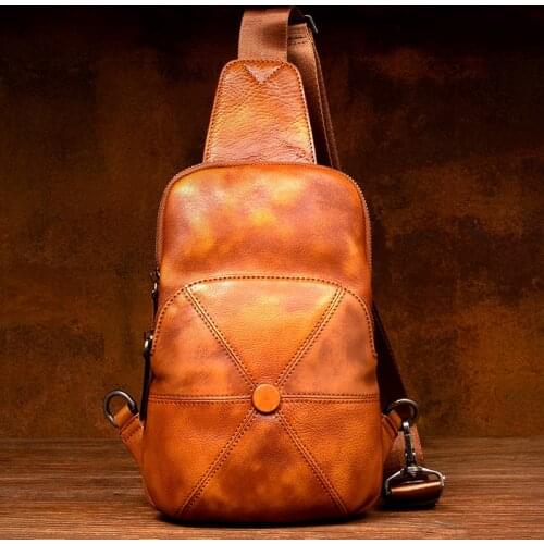 Handmade First Layer Vegetable Tanned Cowhide Mens Chest Bag Casual Leather Messenger Bag Shoulder Bag Personality Trendy Men
