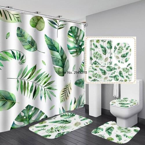 3D Tropical Leaves Printed Shower Curtain Set for Bathroom Bathtub Screen with Carpet Rug Washroom Hotel Toliet Partition Hooks