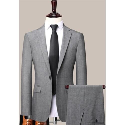 2021 Mens New Business Formal Wear Stretch Suit Youth British Style Plaid Suit Two-Piece Suit