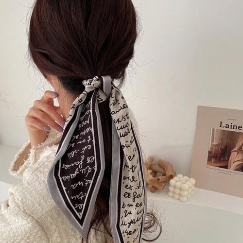 New geometric slender narrow silk scarf retro French tie wrap ribbon scheming printing hair band headdress women