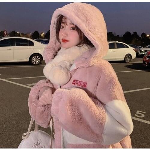 BOBON21 Winter Womens Coat Korean Fashion Casual Stitching Plaid Ladies Clothes Hooded Zipper Ladies Coat Lamb Hair Coat C1983