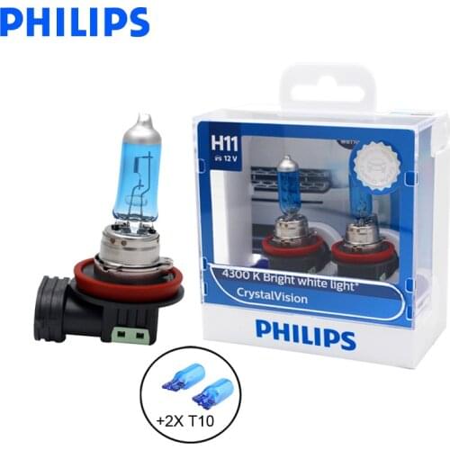 Philips H11 12V 55W Crystal Vision 4300K Bright White Light Halogen Lamps Car Headlight Stylish Look 12362CVSM, Pair + 2x T10