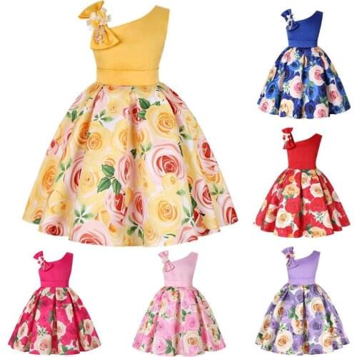 Girls Dress Rose Flower Bowknot One-Shoulder Pageant Birthday Wedding Party Princess Costume Children Dress 3 4 5 6 7 8 Years