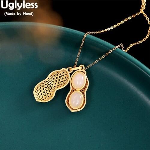 Uglyless Opening Peanuts Pendants for Women Handmade Gold 925 Silver Peanut Shells Necklaces NO Chain Nature Jade Jasper Peanuts