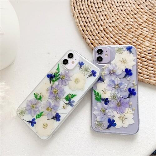 Real Purple Dried Flower Phone Case For iPhone 11 Pro XS Max XR 8 7 Plus SE2 Soft Epoxy Daisy Flower Transparent Back Cover Girl