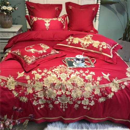 Luxury 100S Egyptian cotton Golden Embroidered Bedding sets Queen King Red Wedding Duvet cover Bed sheet set Pillowcases 4/6pcs