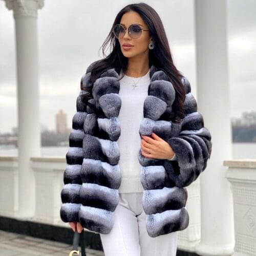 Luxury Women Real Rex Rabbit Fur Coat Winter 2021 New Chinchilla Color Genuine Rex Rabbit Fur Jacket Turn-down Collar Overcoats
