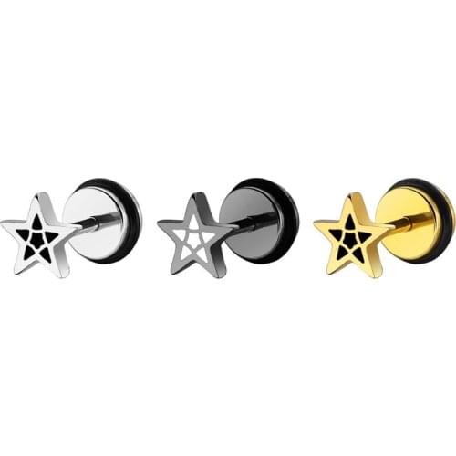 Five Star Earrings Black White Oil Popular Mens Jewelry Screw Back 16G Bar 316L Stainless Steel Women Korea Cheater