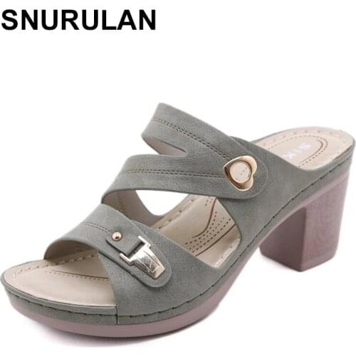 SNURULAN Women New 2021 Sandals Open Toe 7.5cm High Block Heels Platform Slip-On Heart Simple All-Match Casual Summer