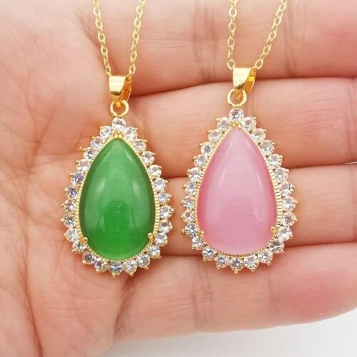 Gorgeous Water Drop Shape Inlaid Crystal Colorful Cats Eye Opalite Pendant Necklace Fashion Charm Jewelry Gifts