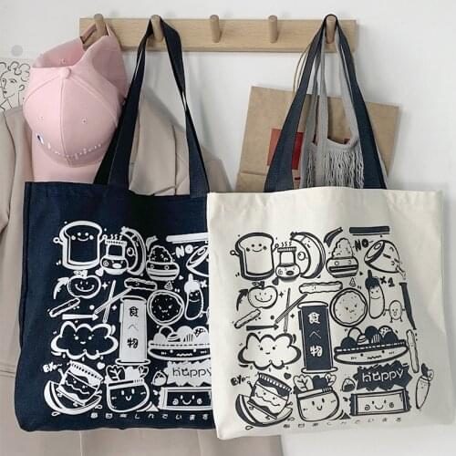Japanese Cartoon Food Tote Shopping Bag for Lady Canvas Shoulder Bag Women Students Cotton Cloth Eco Shopper Bag