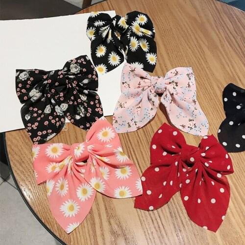 Daisy Bow Hairpin Big Bowknot Duckbill Clip Polka Dot Floral Print Chiffon Butterfly Barrettes Pastoral Retro Style Hair Clip