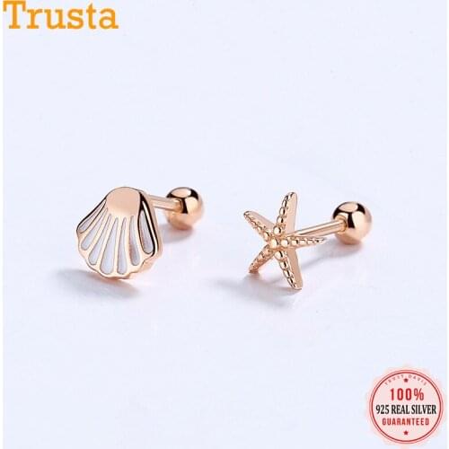 TrustDavis Real 925 Sterling Silver Sweet Asymmetric Starfish Shells Screw Earring For Women Wedding Anniversary Jewelry DA2309