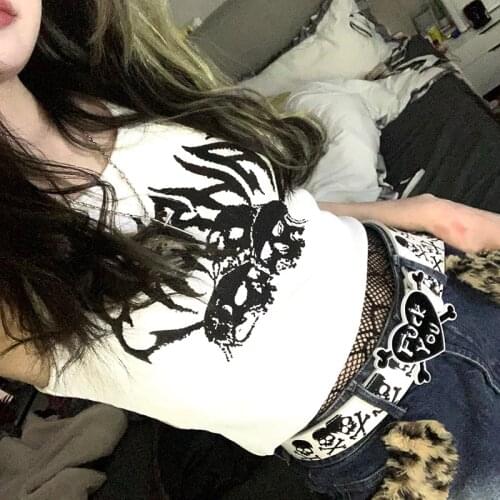Harajuku Punk Goth Sexy Crop Tops Womens Summer Mujer 90s Grunge Graphic Skull Print Tops Fashion Sleeveless Slim Vest Tank Top
