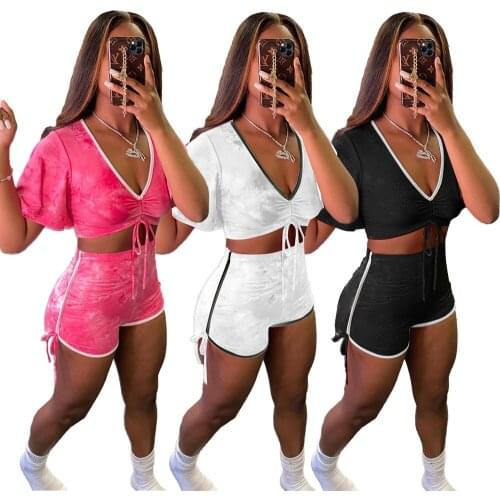 S-XL summer 2021 two piece set women outfit Solid Sexy printed V neck tie short sleeved top and shorts Wholesale Dropshipping