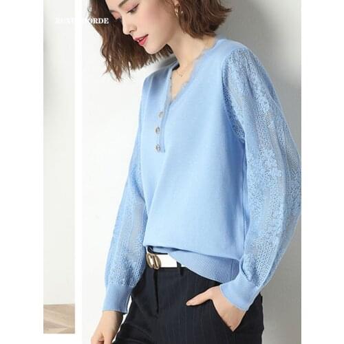 Vintage Lace Knitwear 2021 Spring Summer Long Sleeve Sweater Shirt Female Thin French Loose Short Hollow Out Silk Women Clothing