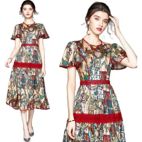 2021 Summer Elegant Print Dresses For Women Party O-Neck A-Line Long Maxi Dresses Short Sleeve French Dress Lady Vestidos mujer