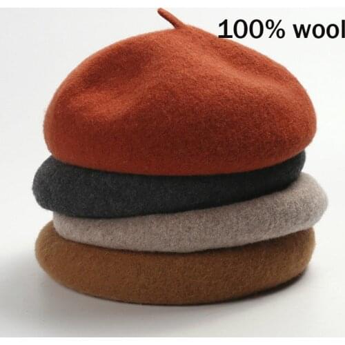 100% Pure Wool Beret Hat Women Solid Color Flat Berets Autum Winter Warm French Elegant Beret Ladies Vintage Fashion Painter Cap