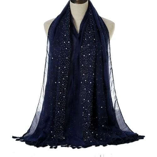 Glitter Cotton Hijab Scarf Women Warm Embroidered Scarf Soft Shawls Flower Tassel Fashion Muslim Headband Long Pashmina Bandana