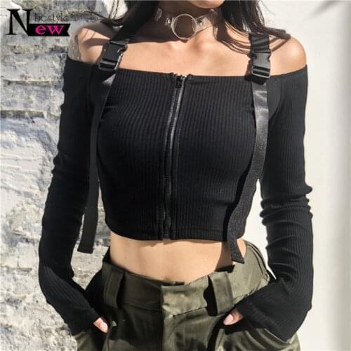 Harajuku Off Shoulder T Shirt Women Strap Casual Tshirt Women Cotton Long Sleeve Crop Top Punk Korean T-shirt Ladies Streetwear