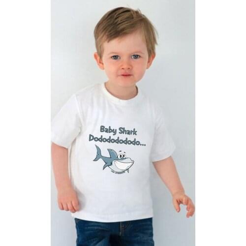 Cartoon Tees Cute Little Shark Print Tops Children Summer Boy Short-sleeved T-shirt White Baby Shirt Round Neck T-shirt