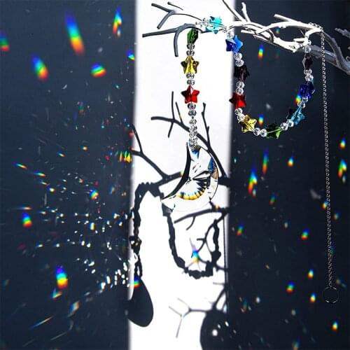 H&D Rainbow Crystal Suncatcher Chakra Star Beads with Crescent Moon Shaped Prism Ornament Window/Christmas Tree Hanging Pendant