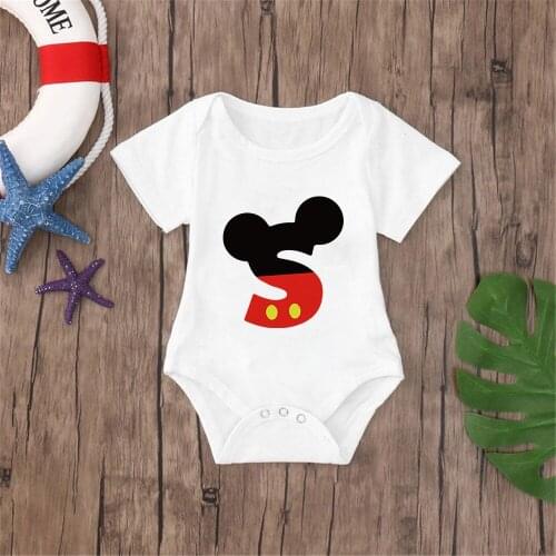 2021 Newborn Clothes Summer White Soft Baby Boys Girls Rompers Disney Mickey Mouse Alphabet ABC Printed Infant Toddler Onesie