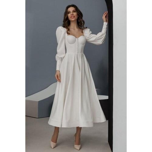 Ivory Soft Satin Long Sleeves Sweetheart Short A-Line Wedding Dresses Custom Made Mid-Calf Bridal Gowns Lacing Up