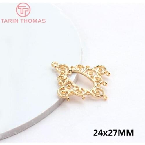 6PCS 24x27MM 24K Gold Color Plated Brass hollow round lace Charms Pendants for Jewelry Making Findings