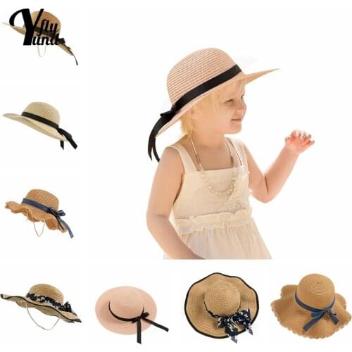 Yundfly Lovely Ribbon Bowknot Children Straw Hats Fashion Handmade Knitted Sunscreen Caps Infant Fisherman Bonnet Birthday Gifts
