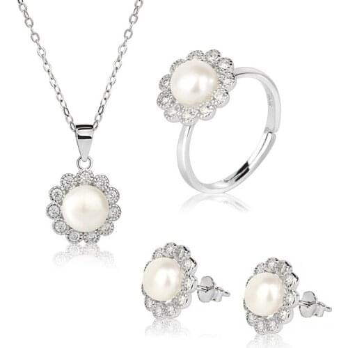 MIQIAO Silver Plated Real Pearl Vintage Stud Earring Rings Pendant Collar Necklace Jewelry Set for Women Wedding Couple Gift Boh