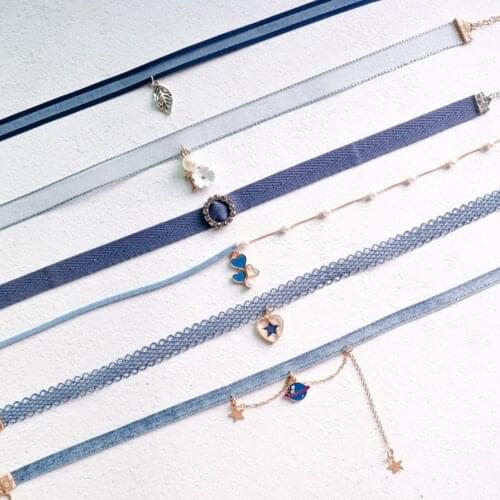 Fashion Blue Denim Ribbon Choker Necklaces for Women Rhinestone Round Heart Star Necklaces Neck Collares Jewelry Gifts New FS59