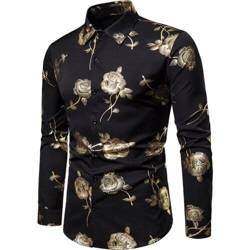 New Men Hipster Luxury black gold Rose Bronzing Printed Long Sleeve Dress Shirt wedding Night club Hip hop party Slim Shirts