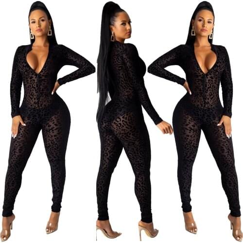 Sexy Night Party Club Sheer Mesh Jumpsuit Women Zebra Print Off Shoulder Long Sleeve Bodycon Rompers Female Overalls for Women