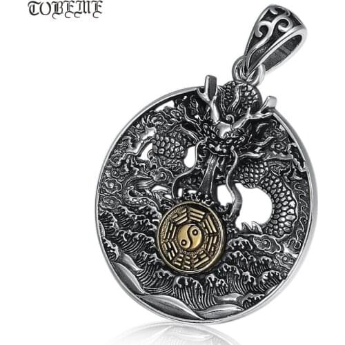 100% 925 Silver Dragon Pendant Necklace 925 Sterling Fengshui Bagua Good Luck Man Pendant Lucky Dragon Pendant Amulet