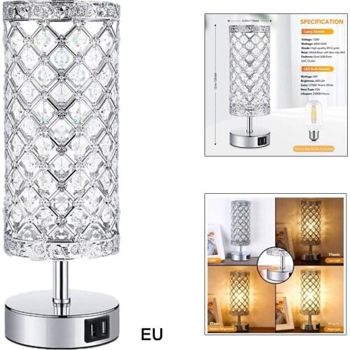 3-Way Dimmable Crystal Touch Control Table Lamp with Dual USB Charging Ports Bedside Desk Lamps Bulb Included EU Plug