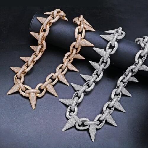 Luxury AAA Zircon Rivet Spike Chain Link Men Necklace Gold Silver Color Bling Iced Out CZ Hip Hop Rapper Necklaces Male Jewelry